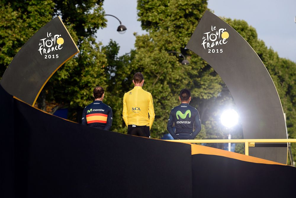 The top three on the final posium at the 2015 Tour de France.
