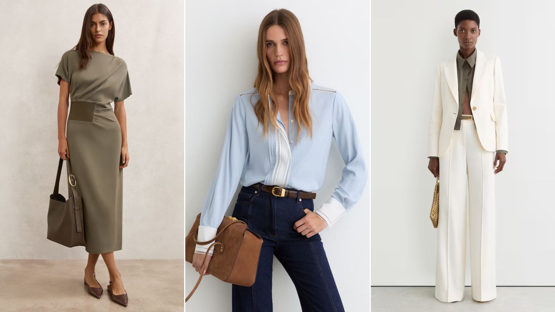 Three models wear clothing from Reiss