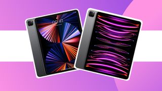 The best iPad Pro 12.9 prices as shown by 2 iPad Pros on a colourful background