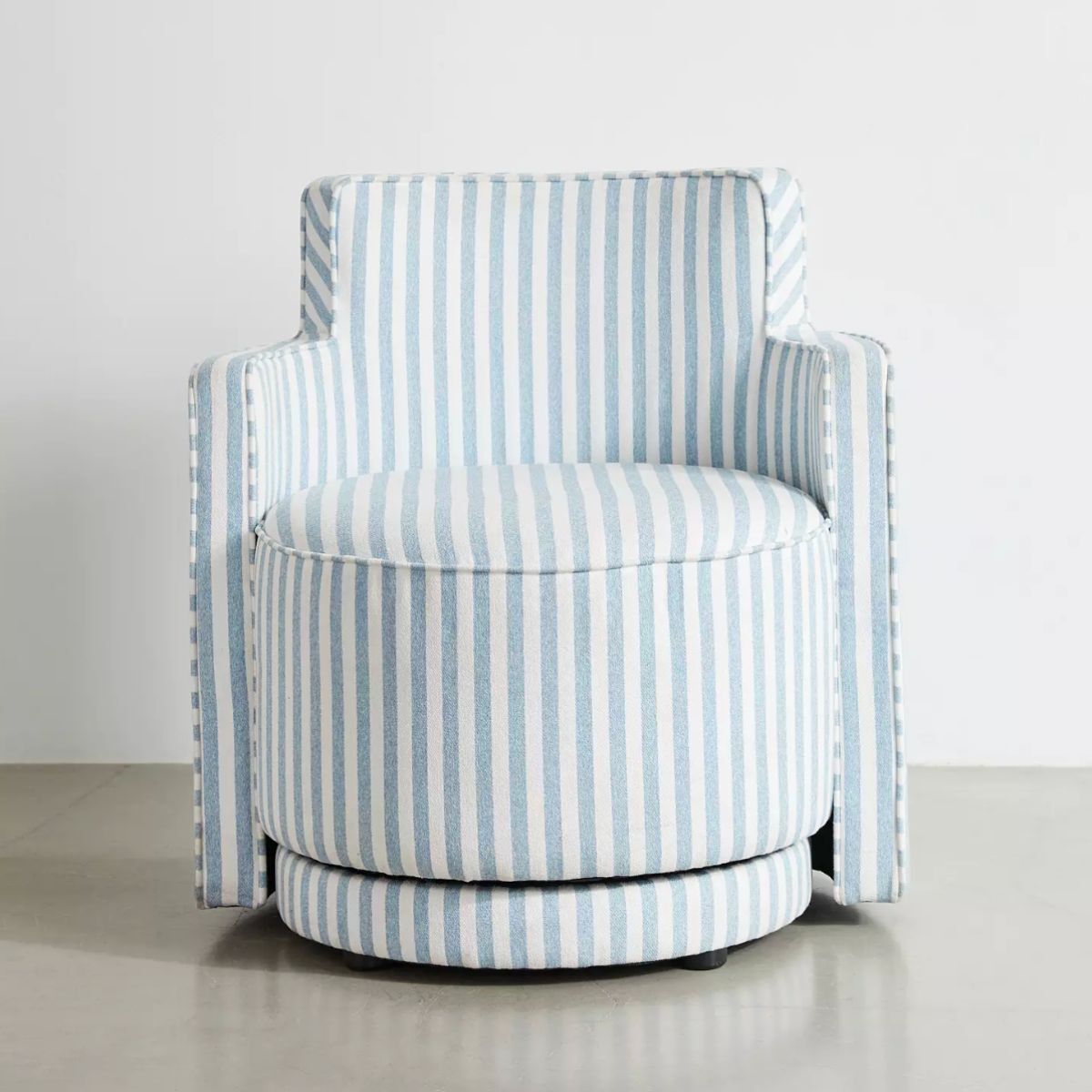 A blue and white swivel chair