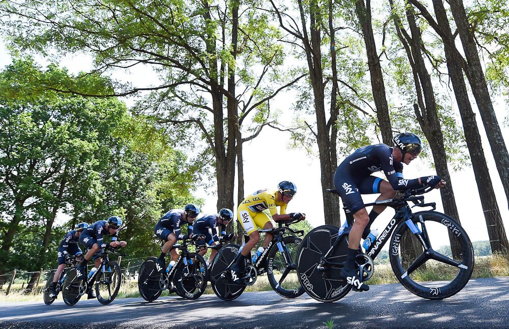 Team Sky power along the team time trial course.
