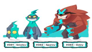Temtem Types guide: the Smozley evolution line standing next to each other