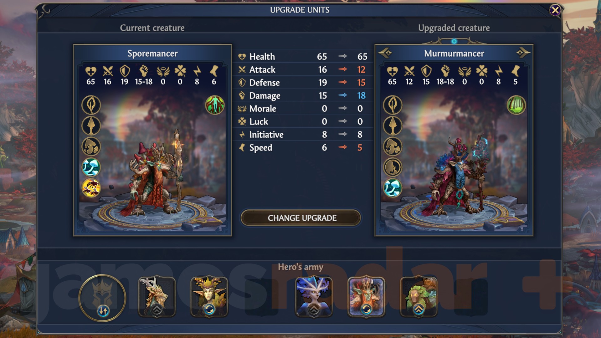 The two upgrades for a Heroes Olden Era army unit are compared during the upgrade process.