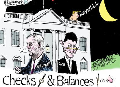 Political cartoon U.S. White House Trump checks and balances Paul Ryan Mitch McConnell