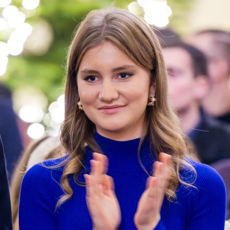 Princess Elisabeth of Belgium wears a royal blue turtle neck at the Royal Palace on December 19, 2023 in Brussels, Belgium