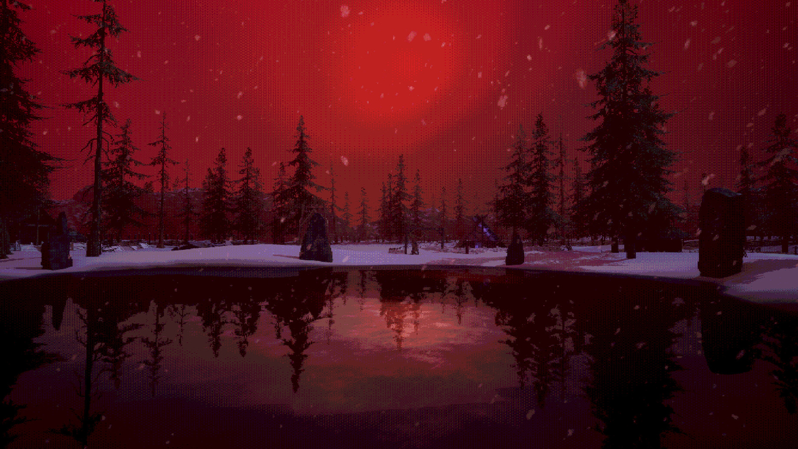 A screen from horror game Hyperarousal showing a snowy forest lake under a red moon