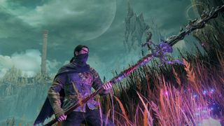 Ninja character holding the Spear of the Impaler in the Gravesite Plain lit by purple light under grey sky