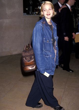 Drew Barrymore wearing an oversized jacket