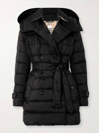 Hooded Belted Double-Breasted Quilted Shell Down Coat