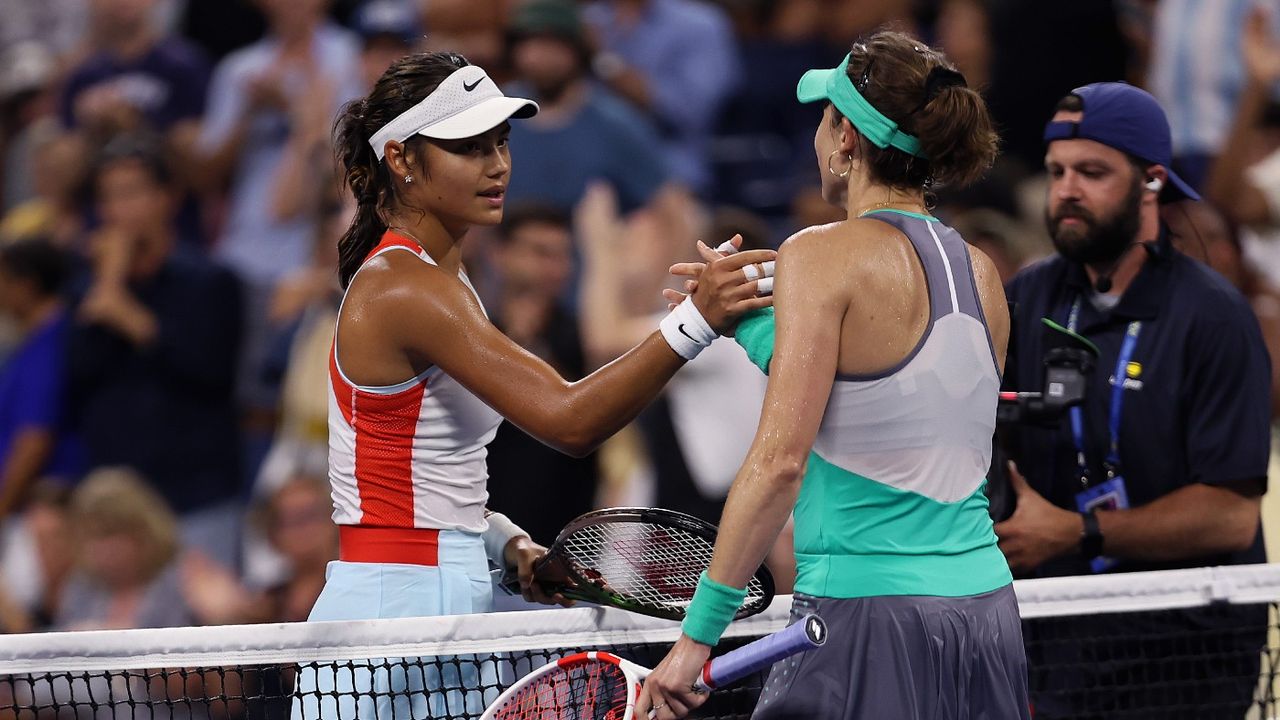 Emma Raducanu congratulates Alize Cornet after the first-round match in New York