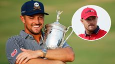 Bryson DeChambeau holds the US Open trophy and an inset of him in a Team USA cap