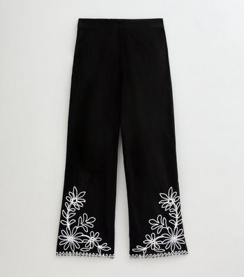Black Floral Embroidered Straight Leg Trousers