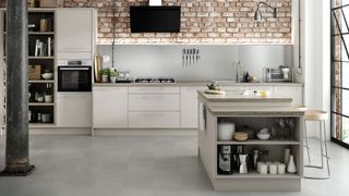 grey kitchen with small kitchen island