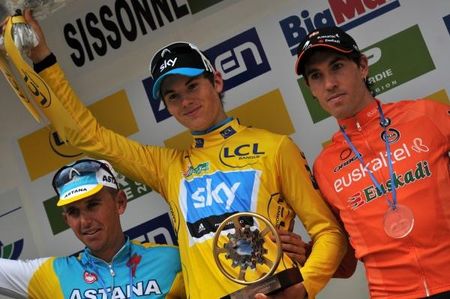 Final overall podium: Allan Davis (3rd, Astana), Ben Swift (1st, Team Sky) and Koldo Fernandez (2nd, Euskaltel - Euskadi)