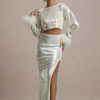 Solita Sand Sequin Long-Sleeve Crop Top With Feather Trim