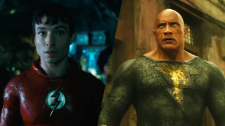 Ezra Miller in a still from "The Flash" and Dwayne Johnson in a still from "Black Adam."