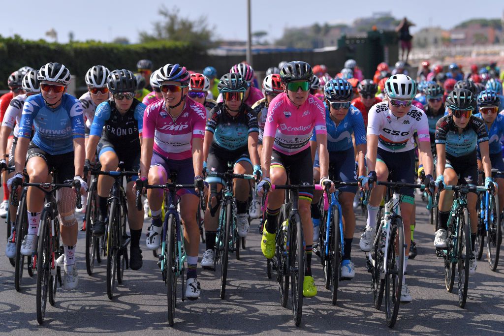 TERRACINA ITALY SEPTEMBER 15 Liane Lippert of Germany and Team Sunweb UCI Blue Best Young Rider Jersey Katarzyna Niewiadoma of Poland and Team Canyon SRAM Racing Purple Points Jersey Annemiek Van Vleuten of The Netherlands and Team Mitchelton Scott Pink Leader Jersey Emma Norsgaard Jorgensen of Denmark and Team Paule Ka White Best Young Jersey Peloton during the 31st Giro dItalia Internazionale Femminile 2020 Stage 5 a 1103km stage from Terracina to Terracina GiroRosaIccrea GiroRosa on September 15 2020 in Terracina Italy Photo by Luc ClaessenGetty Images