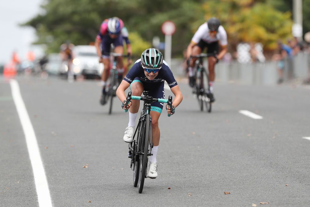 CAMBRIDGE NEW ZEALAND FEBRUARY 16 Niamh FisherBlack celebrates winning the Womens Elite Road Race during the New Zealand National Road Cycling Championships on February 16 2020 in Cambridge New Zealand Photo by Michael BradleyGetty Images