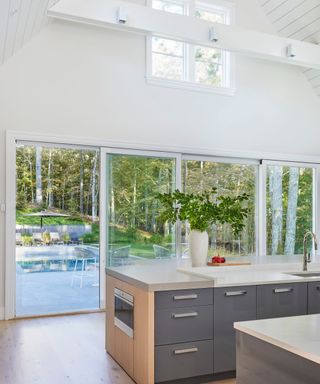 kitchen with gray cabinets and view of garden through glass wall