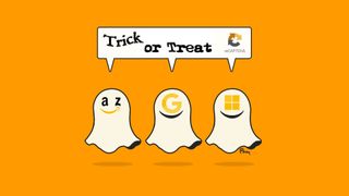 Three ghosts representing Amazon, Google, and Microsoft AI saying "Trick or Treat" with a reCaptcha speech bubble on an orange background.