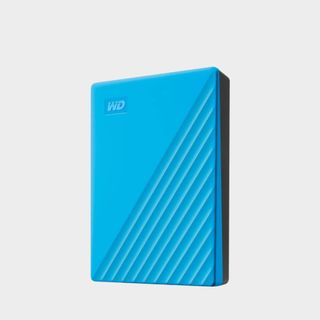 WD My Passport 4TB HDD in light blue on a grey background