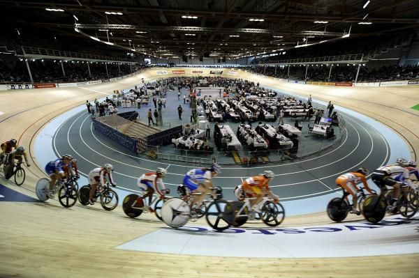 An overview of the Copenhagen, Denmark velodrome where the 2010 UCI Track World Championships are being held.