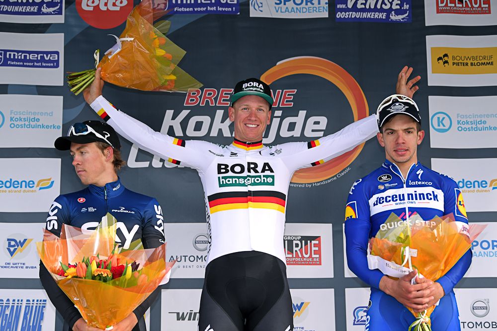 Kristoffer Halvorsen, Pascal Ackermann and Alvaro Hodeg on the Bredene-Koksijde Classic podium