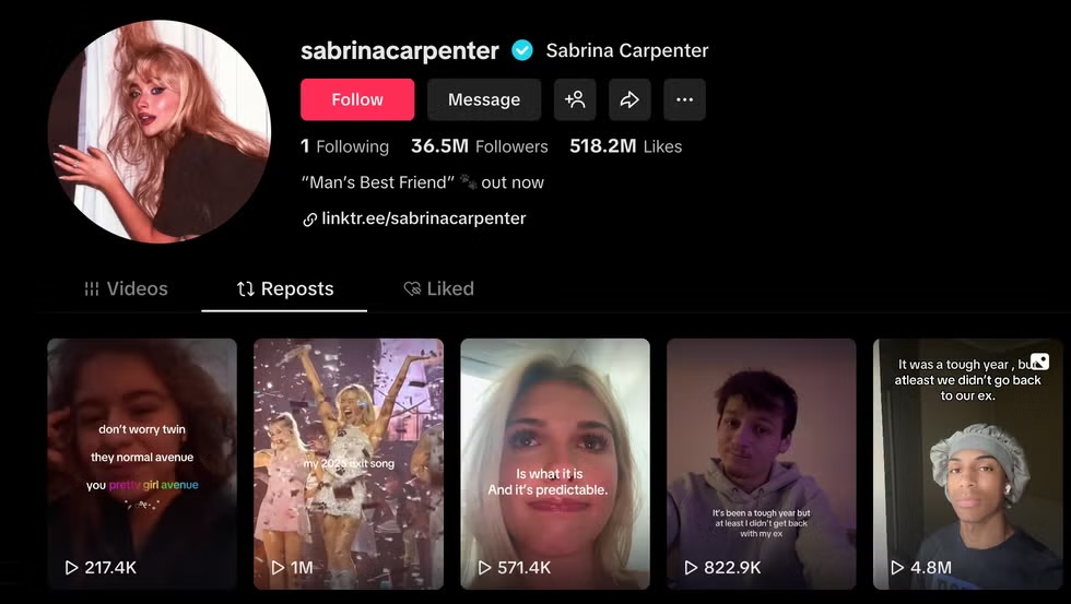A screenshot of the reposted TikToks on Sabrina Carpenter's account.