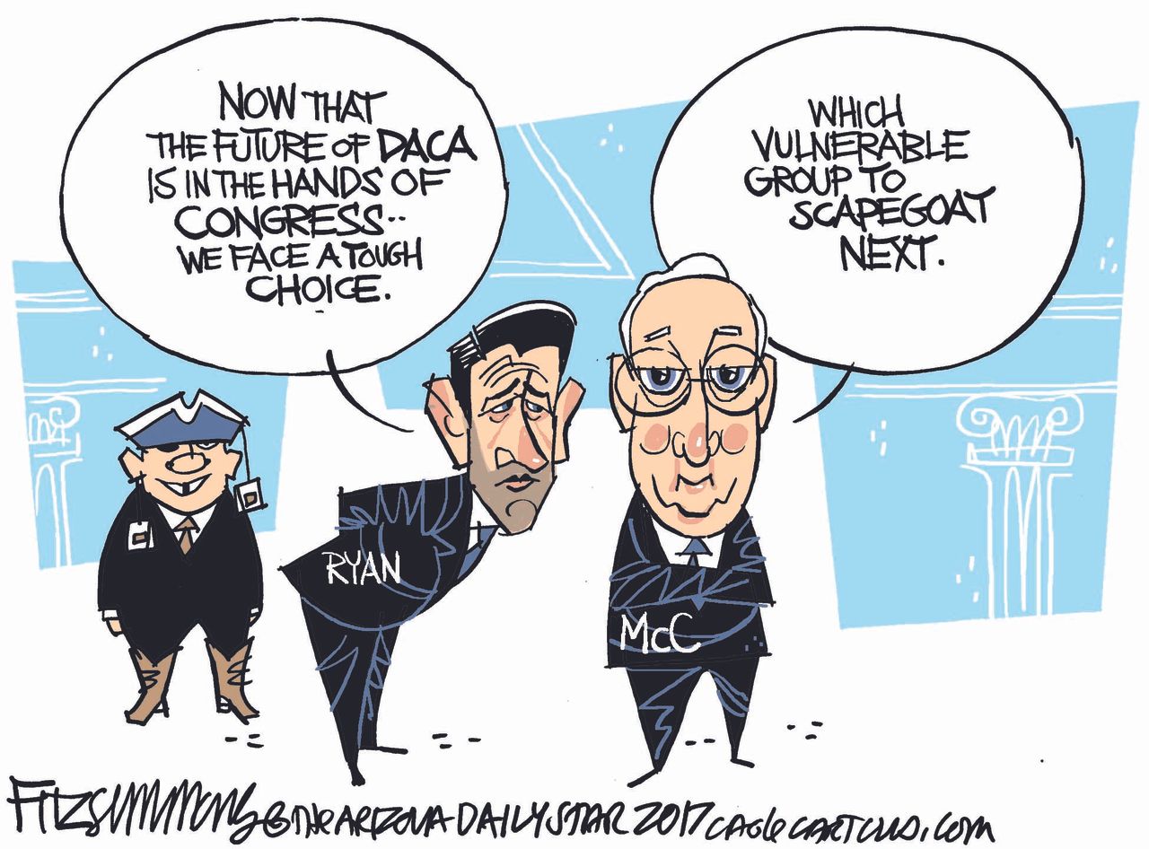 Political cartoon U.S. DACA Ryan McConnell scapegoat