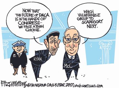 Political cartoon U.S. DACA Ryan McConnell scapegoat