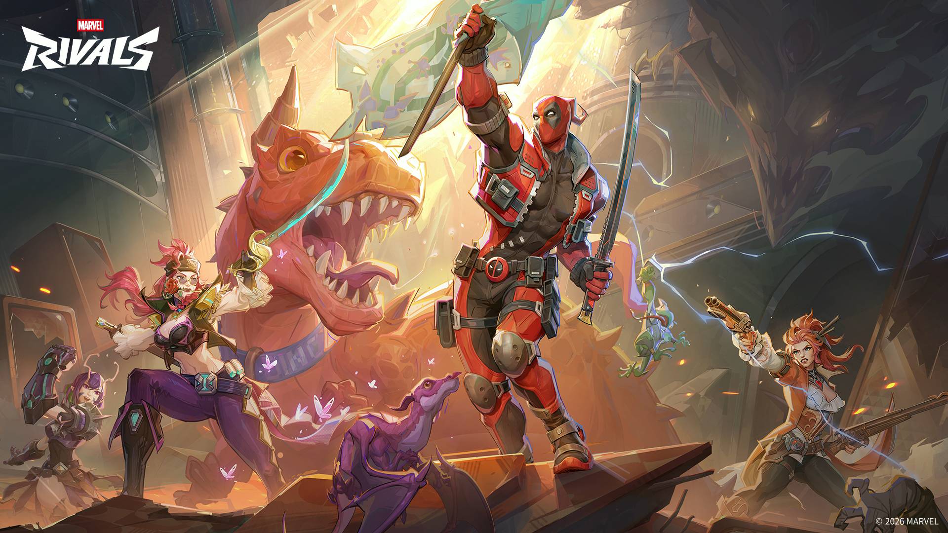 Marvel Rivals Season 6.5 key art featuring Deadpool and Elsa Bloodstone with a dinosaur