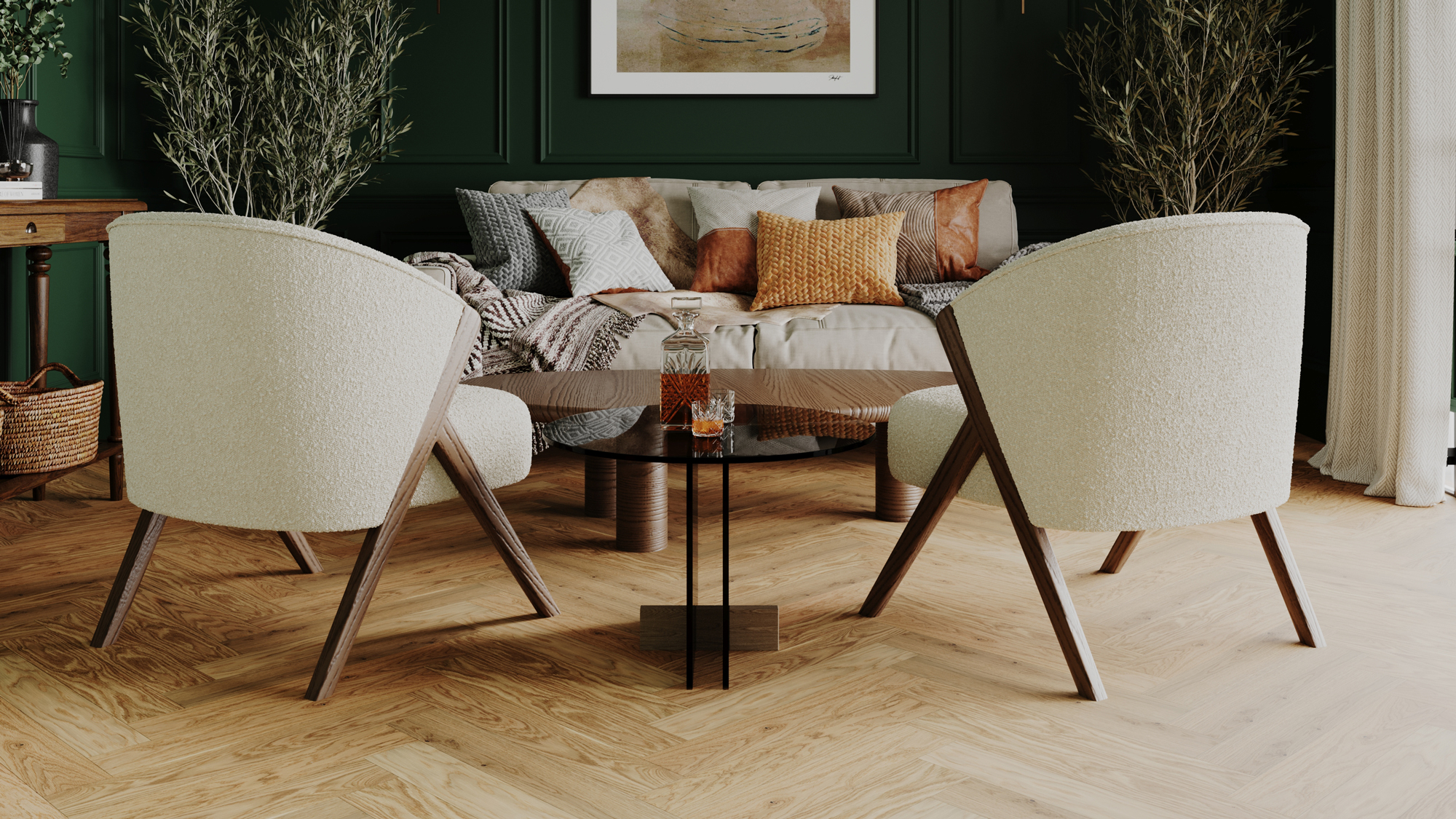 green living room with herringbone wooden flooring and cream armchairs