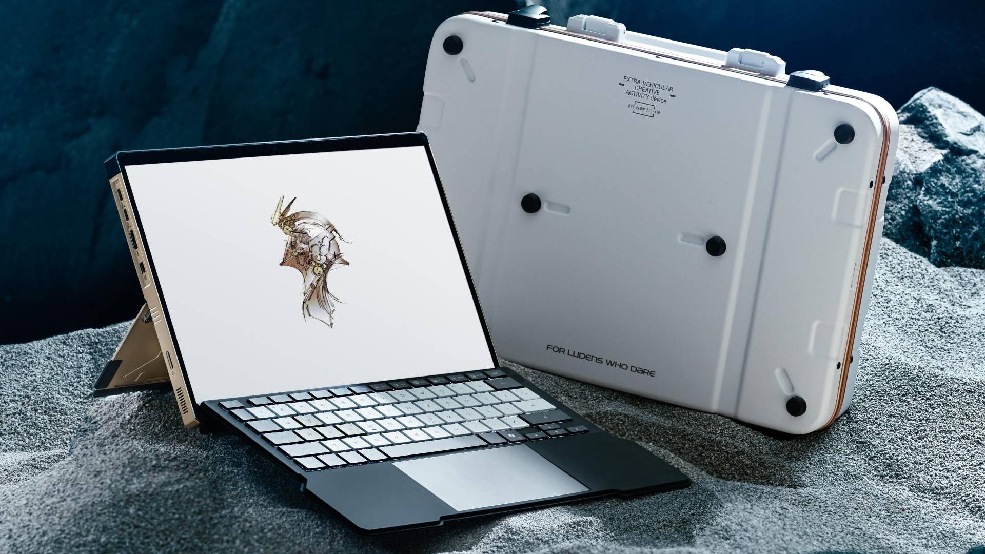 Image of the Flow Z13-KJP gaming tablet from ASUS ROG and Kojima Productions sitting on piles of sand.
