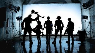 silhouettes of five characters holding various weapons in front of a white background