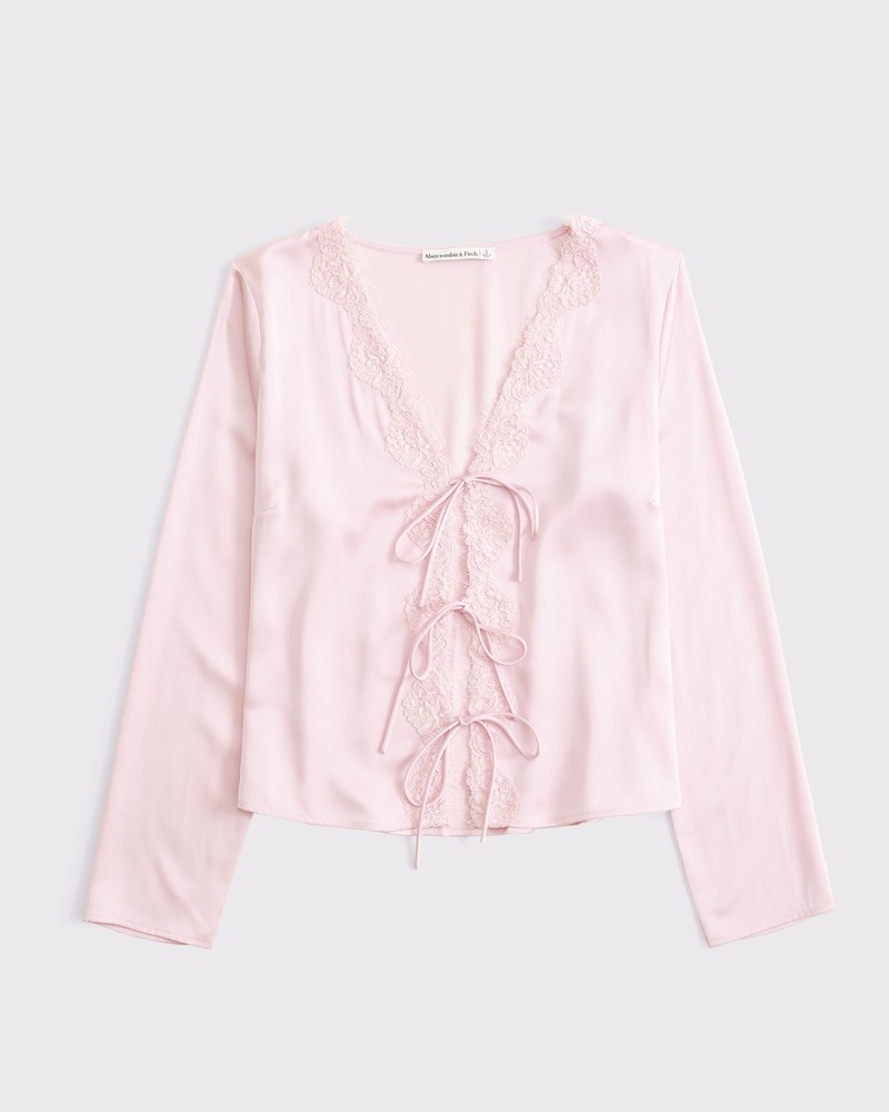abercrombie, Long-Sleeve Lace-Trim Tie-Front Top