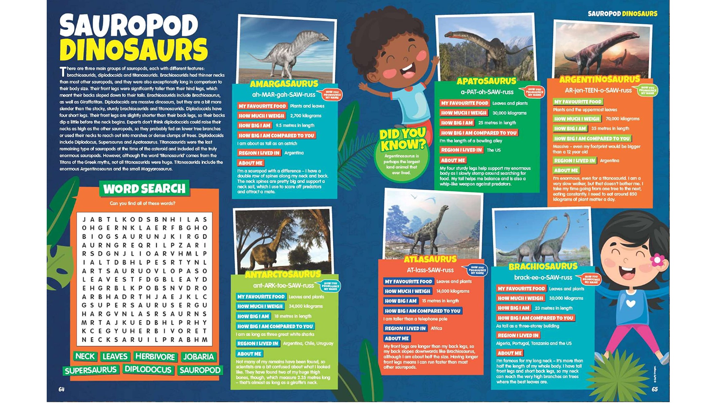 A spread within Future Genius' dinosaur edition . The spread includes several sauropod dinosaurs and a word search