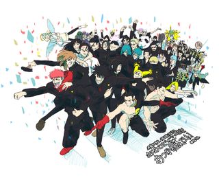 A celebratory drawing of the cast of Jujutsu Kaisen.