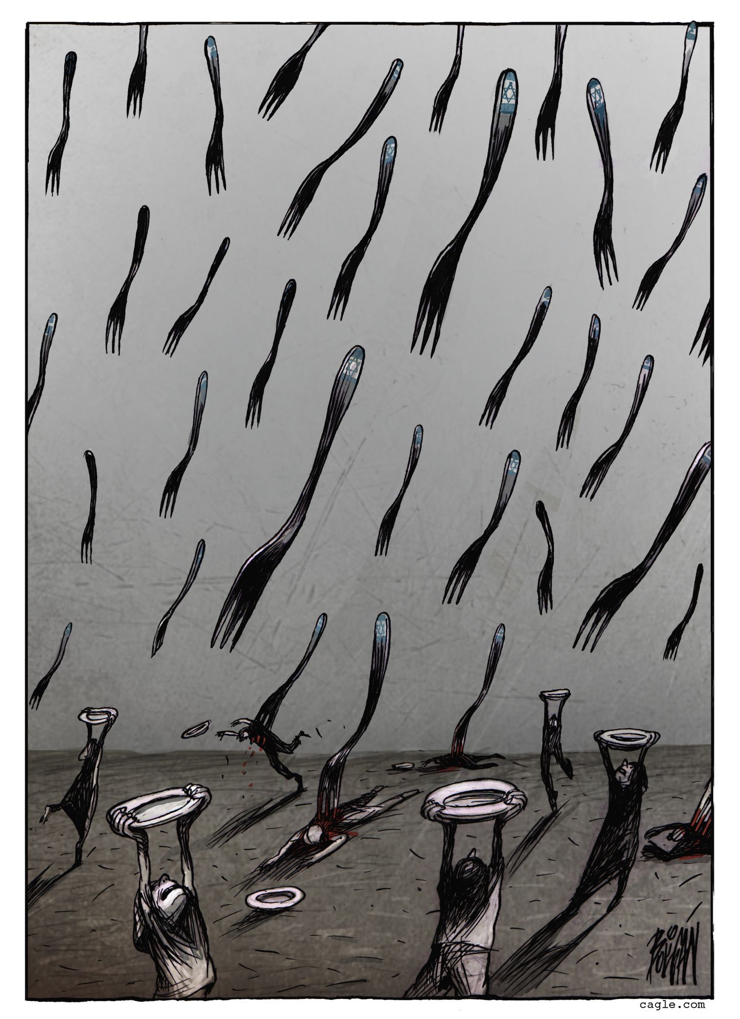 
                                This is a somber editorial cartoon that depicts starving people, perhaps in Gaza, lifting their plates to the sky in hopes of getting food. Instead of food, the sky is filled with dangerous and sharp forks headed to the ground and impaling people.
                            