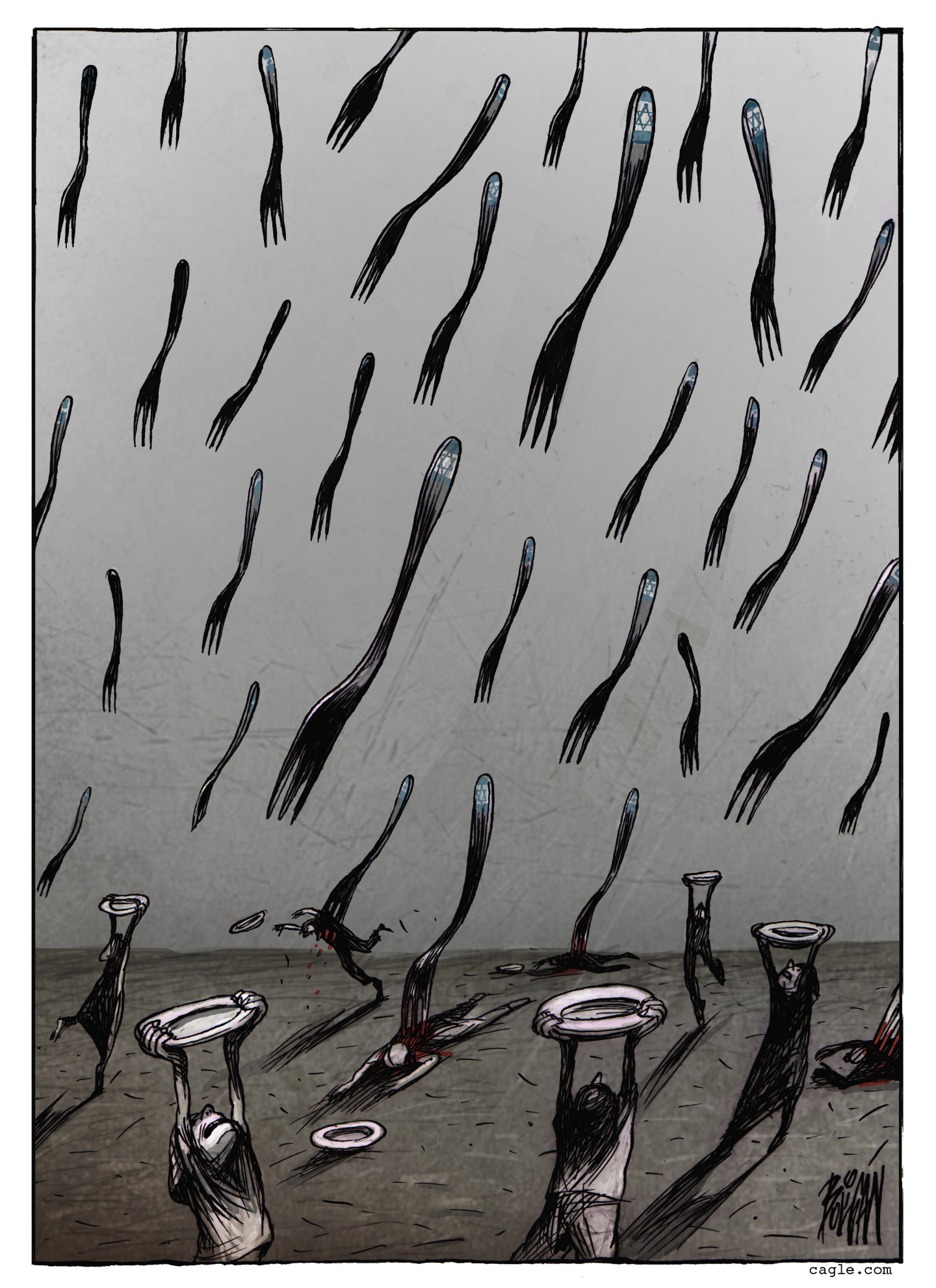 This is a somber editorial cartoon that depicts starving people, perhaps in Gaza, lifting their plates to the sky in hopes of getting food. Instead of food, the sky is filled with dangerous and sharp forks headed to the ground and impaling people.