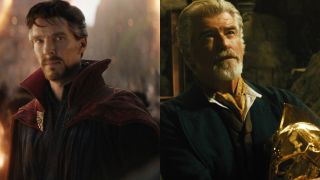 Benedict Cumberbatch in Avengers: Endgame and Pierce Brosnan in Black Adam, pictured side by side.