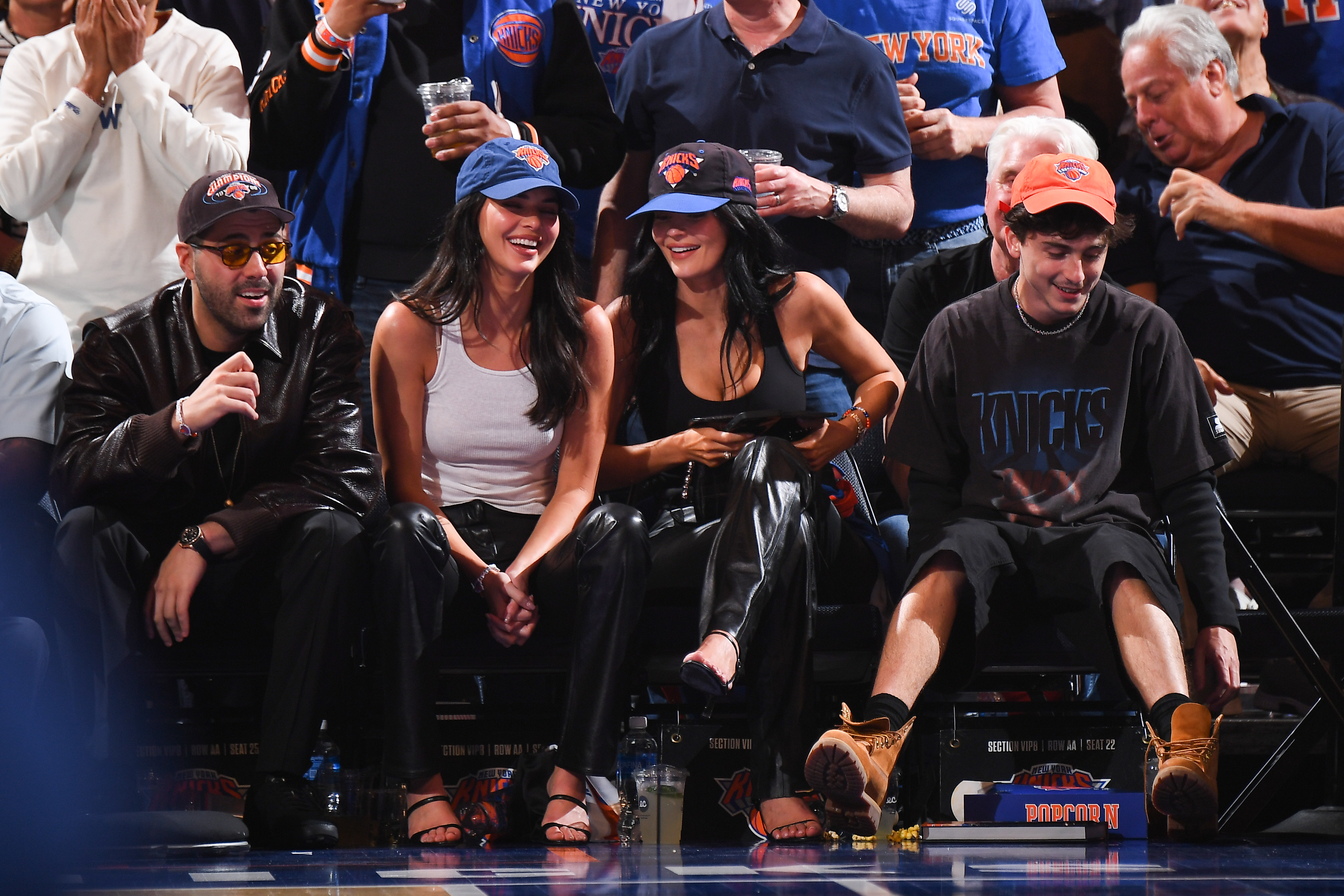 Kendall Jenner, Kylie Jenner and Timothée Chalamet attends a game between the Boston Celtics and New York Knicks
