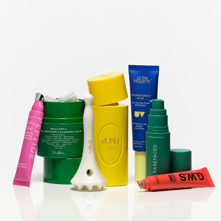 colorful skincare products on a white background