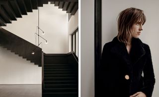On the left, the black steel staircase, prefabricated in Italy, connects the fifth floor to the roof terrace. Right: coat by Balenciaga