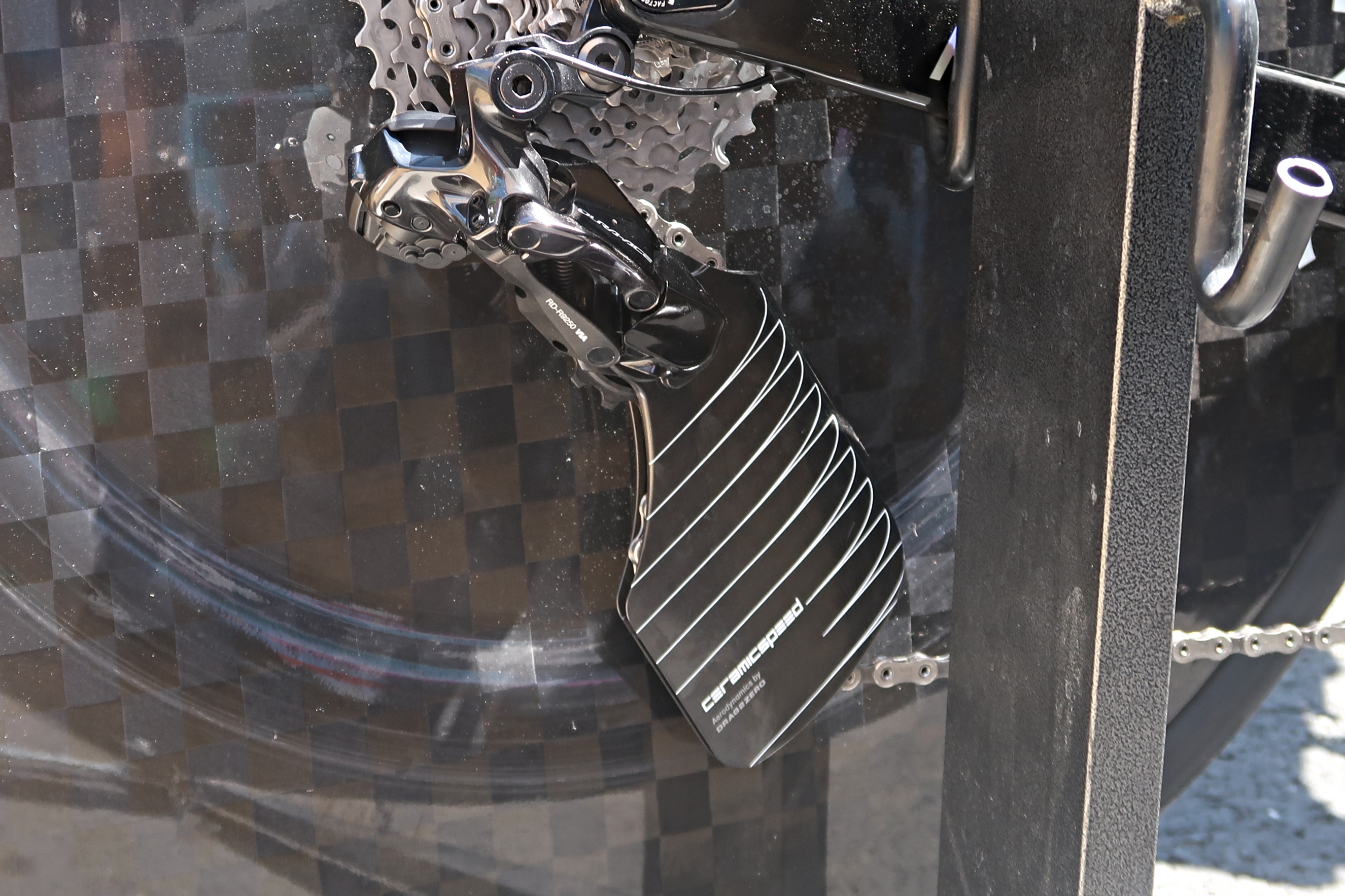 A derailleur cover on a bicycle
