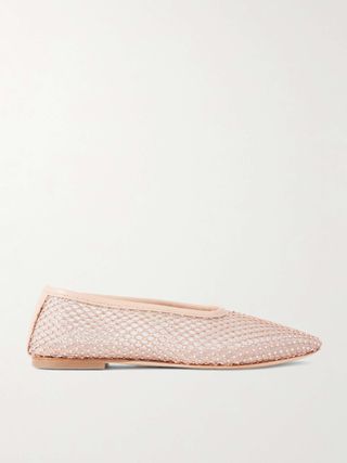 Alba Leather-Trimmed Crystal-Embellished Mesh Ballet Flats