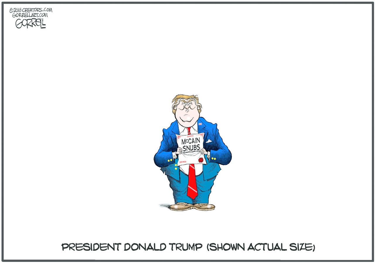 Political cartoon U.S. Trump small John McCain death disrespect