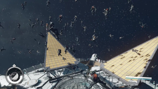 A screenshot of The Eye space station with corpses floating around outside it.