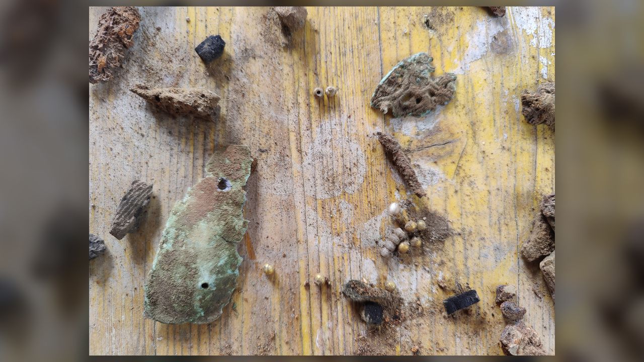 Other artifacts from the Viking grave include a bronze brooch, part of a metal belt buckle and glass beads gilded with gold.