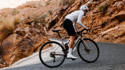 Cyclist climbing uphill on a bike fitted with Fulcrum Speed 25+ wheels