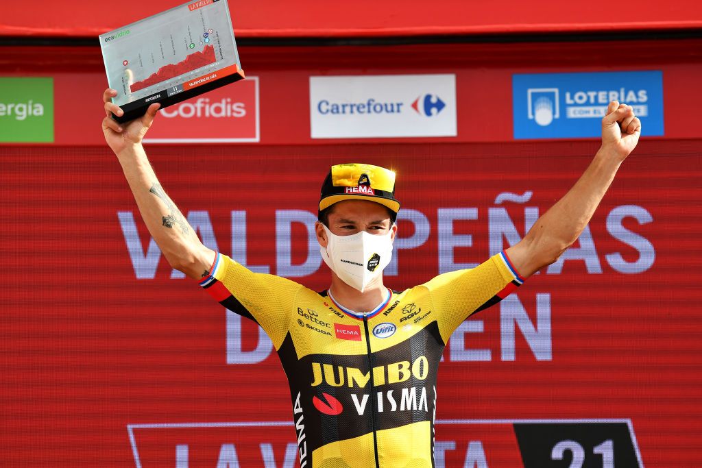 Primoz Roglic (Jumbo-Visma) celebrates on the podium after winning stage 11 of the 2021 Vuelta a España